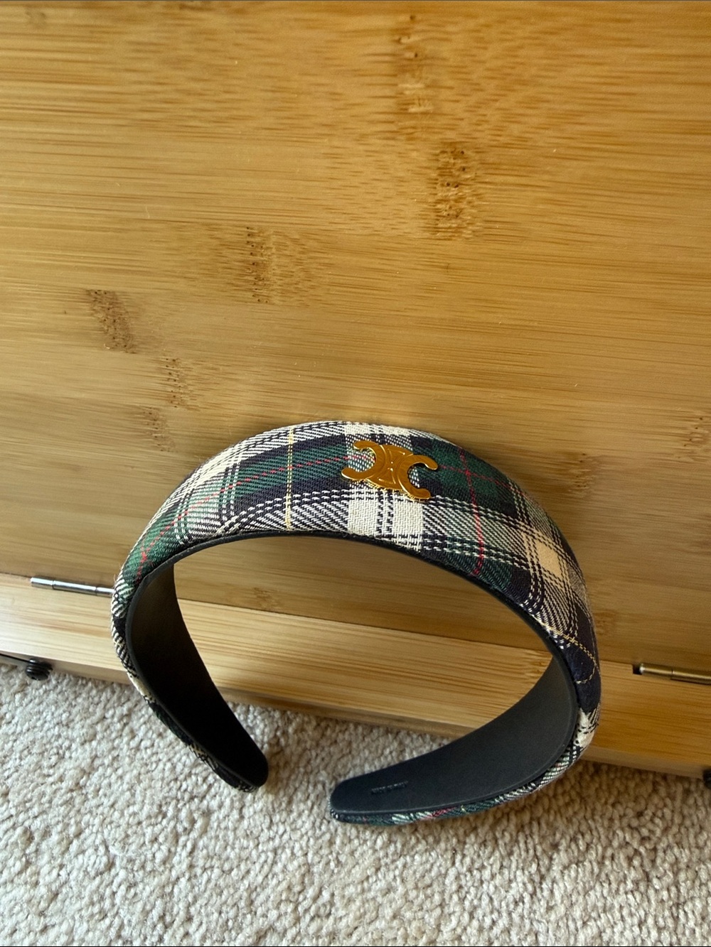 Celine Green and Cream Plaid Padded Headband with Gold Logo